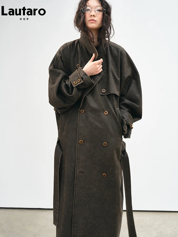 Lautaro Spring Autumn Long Distressed Washed Pu Trench Coat for Women Sashes Double Breasted Luxury Designer Clothes Overcoat