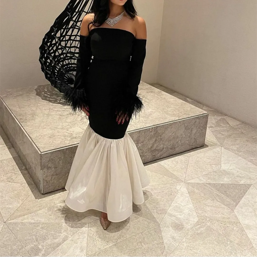 Long Sleeve Off Shoulder Evening Dresses With Feathers فساتين السهرة Mermaid Floor Length Prom Dress Robe de soirée for Women