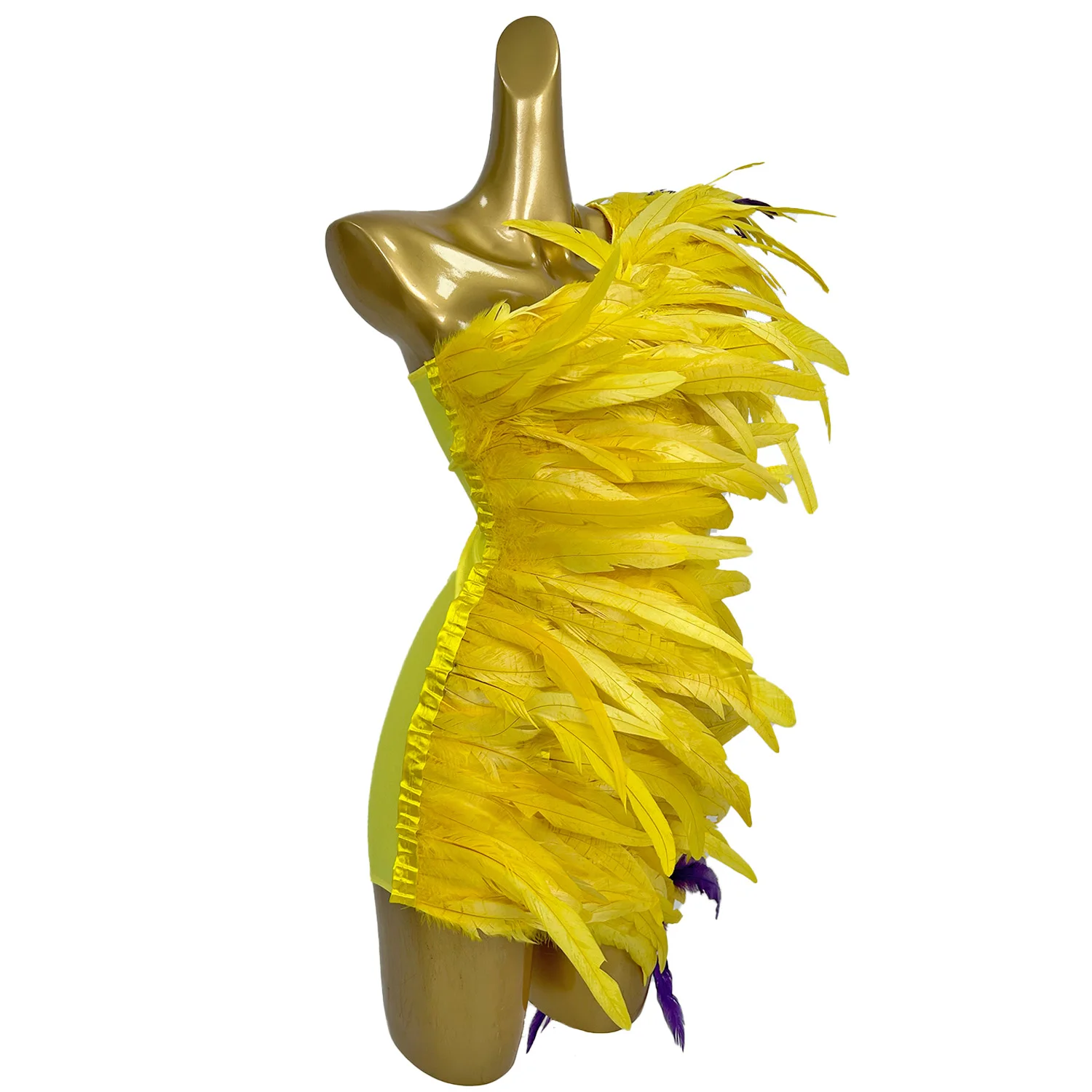 Sexy Yellow Feather Dresses for Women Single Shoulder Performance Costume Nightclub Singer Dancer Stage Show Wear Huangyu