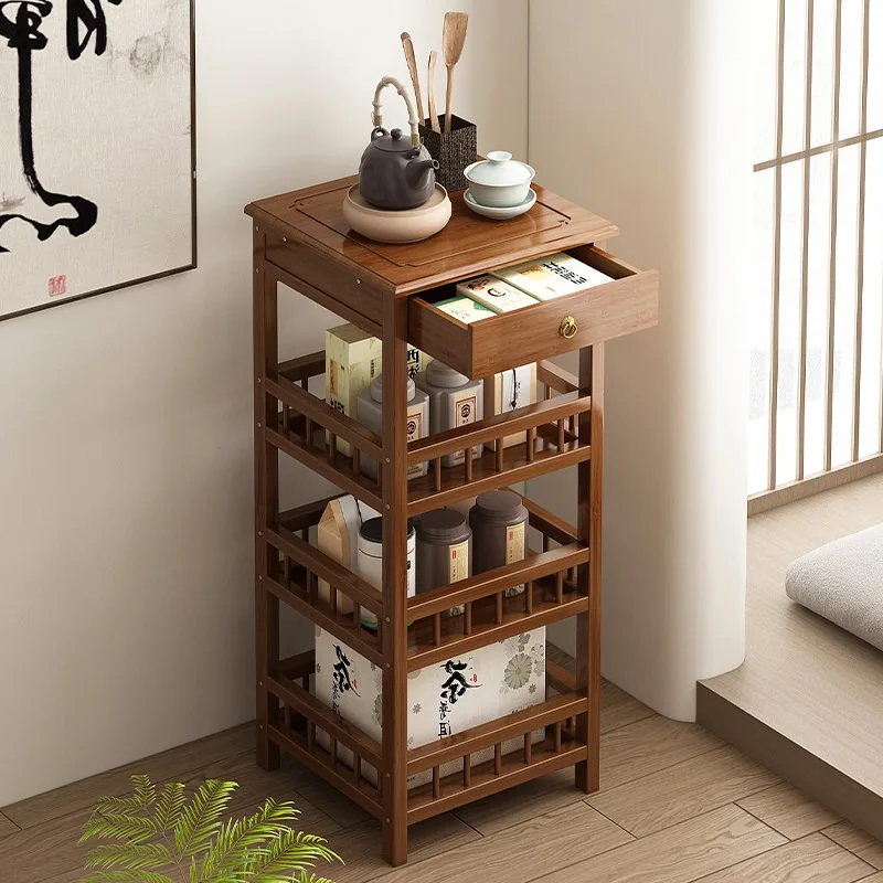 Floor Tea Storage Cabinet with Doors, Multifunctional Sideboard Buffet Table, Small Bamboo Display Shelf for Living Room Kitchen