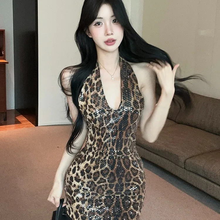 

iny Sequin V-ne Exquisite Leopard Print Dr Women's Faion Autumn Winter New Sle High Waist Slim Fit Sexy Dr