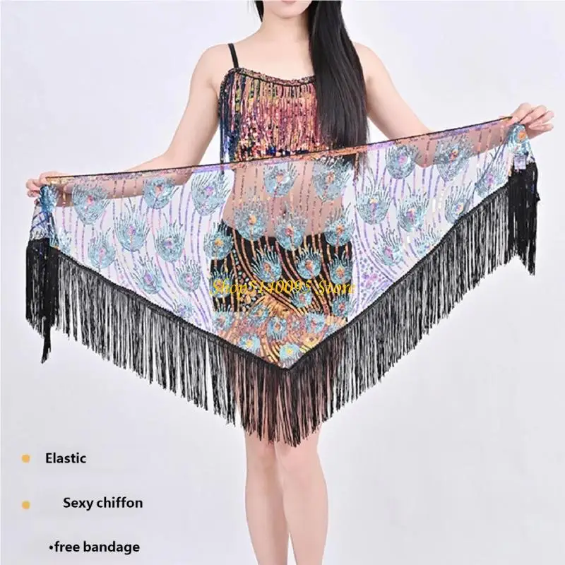 Khăn quàng hông múa bụng DXAE có đính sequin và tua rua lấp lánh cho các buổi biểu diễn chuyên nghiệp Phụ kiện sân khấu