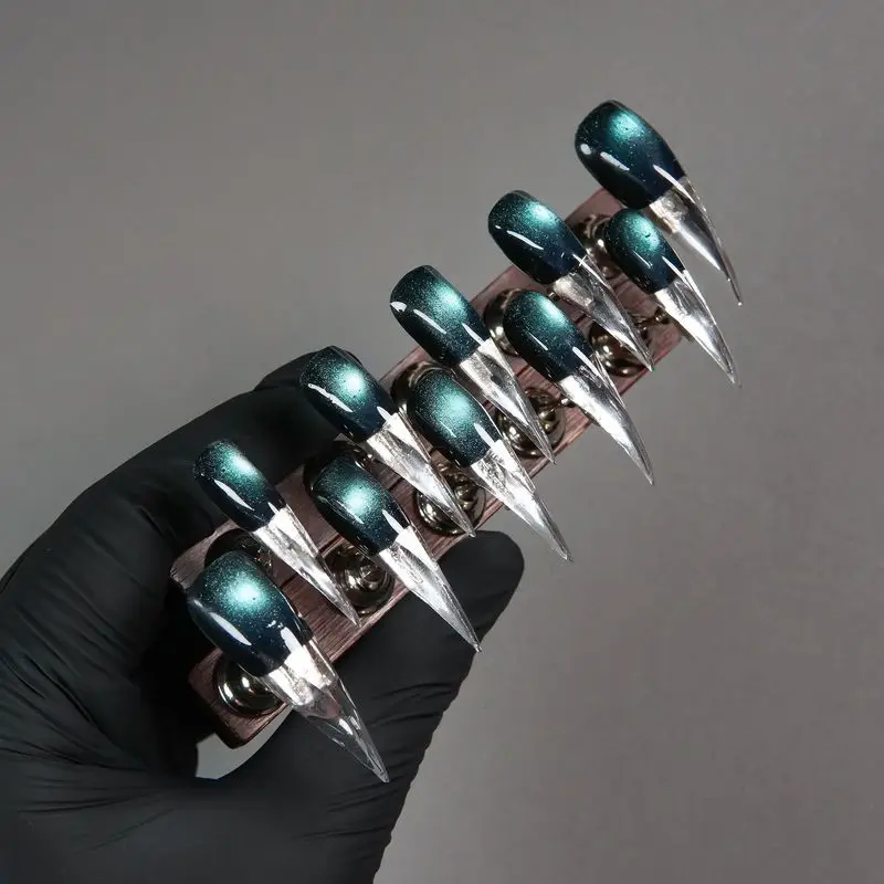 Extra Long Stiletto Press On Nails Dark Teal Cat Eye Gradient Clear Tip False Nails Glossy Handmade Reusable Nail Art For Cospla