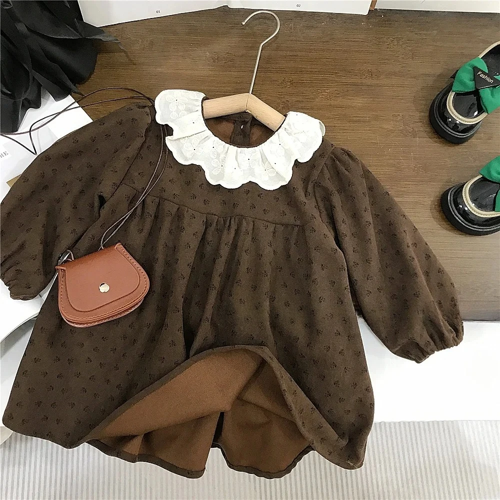 

Korean Children Girls Autumn Dress Infant Baby Girls Retro Sweet Floral Dress Lace Round Collar Toddler Kids Girl Princess Dress