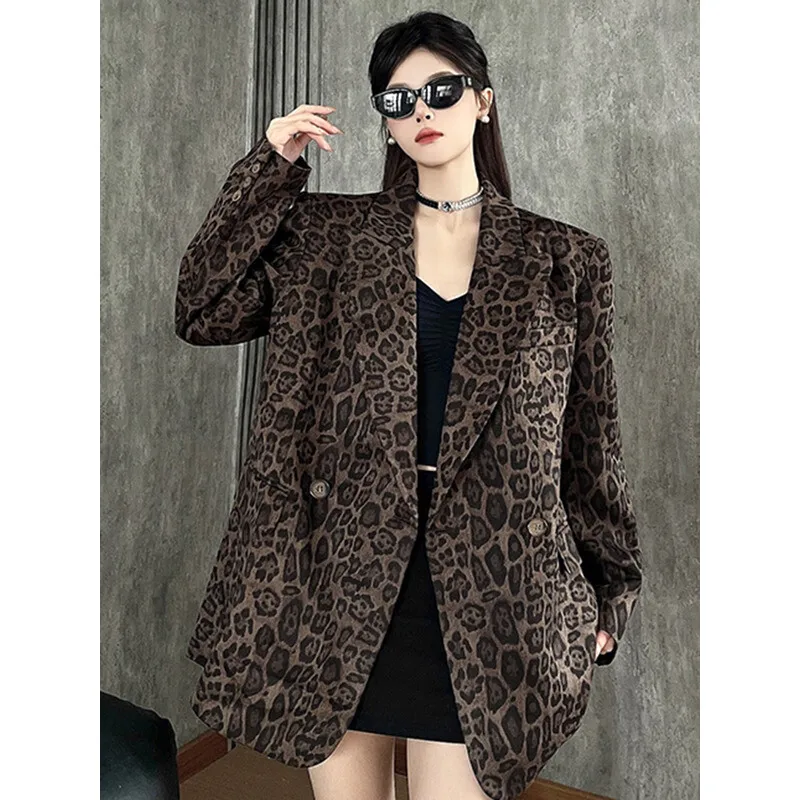 YERMORA Leopard Button Pocket Casual Blazer For Women Lapel Long Sleeve Loose New Jacket Fashion Tide Spring Autumn 2025