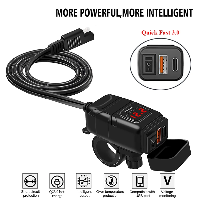 Cargador USB de doble puerto QC3.0 para motocicleta, carga rápida, voltímetro, interruptor de encendido y apagado, adaptador SAE a USB impermeable para teléfono y tableta