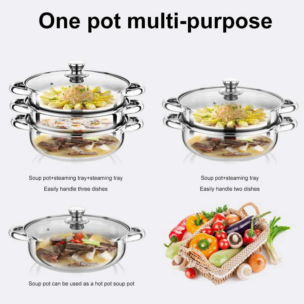 

3 Tier Steamer Pot for Cooking with Lid Stainless Steel Steam Pot Multipurpose for Vegetable Dumpling Stock Sauce Food