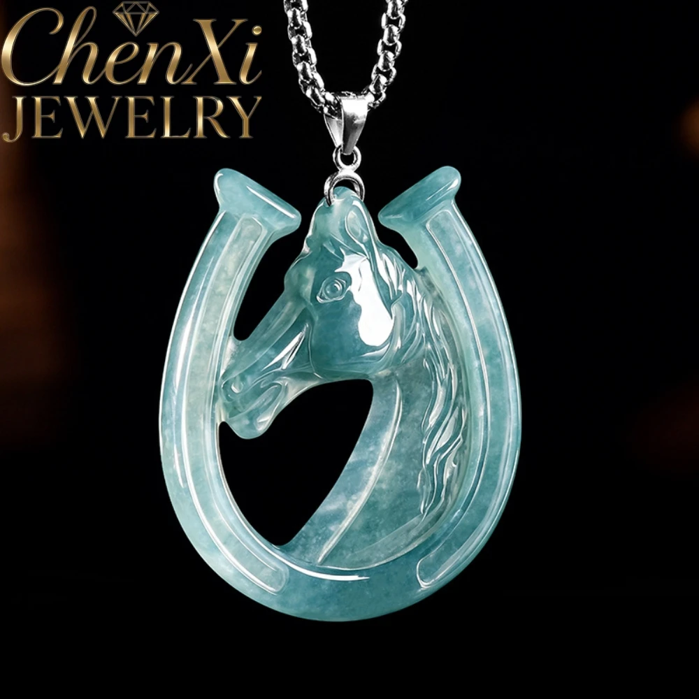 Natural Grade A Burmese Ice Blue Water Jadeite Horseshoe Pendant S925 Sterling Silver Inlaid Lucky Charm Jewelry Daily Wear Gift