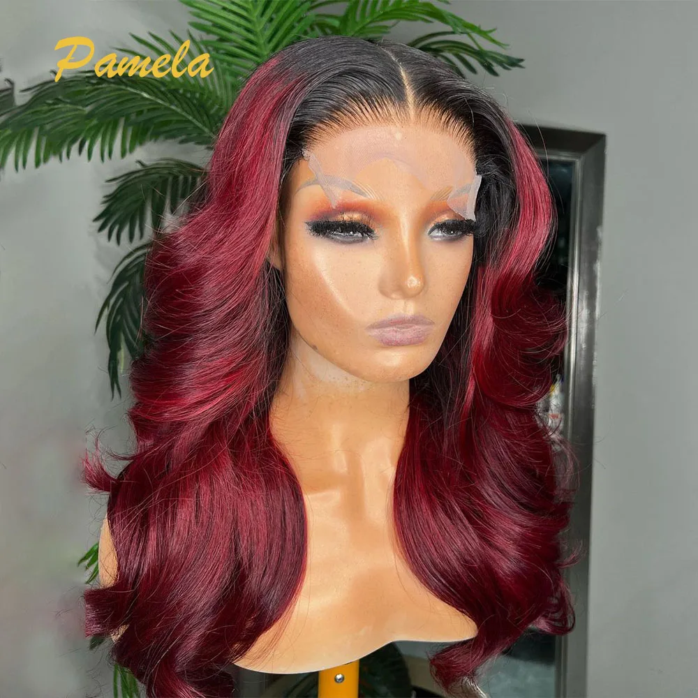 Peruca sem cola com frente de renda transparente, cabelo humano pré arrancado, onda corporal colorida, Ombre 1B, 99j, 13x6 HD, pronto para ir