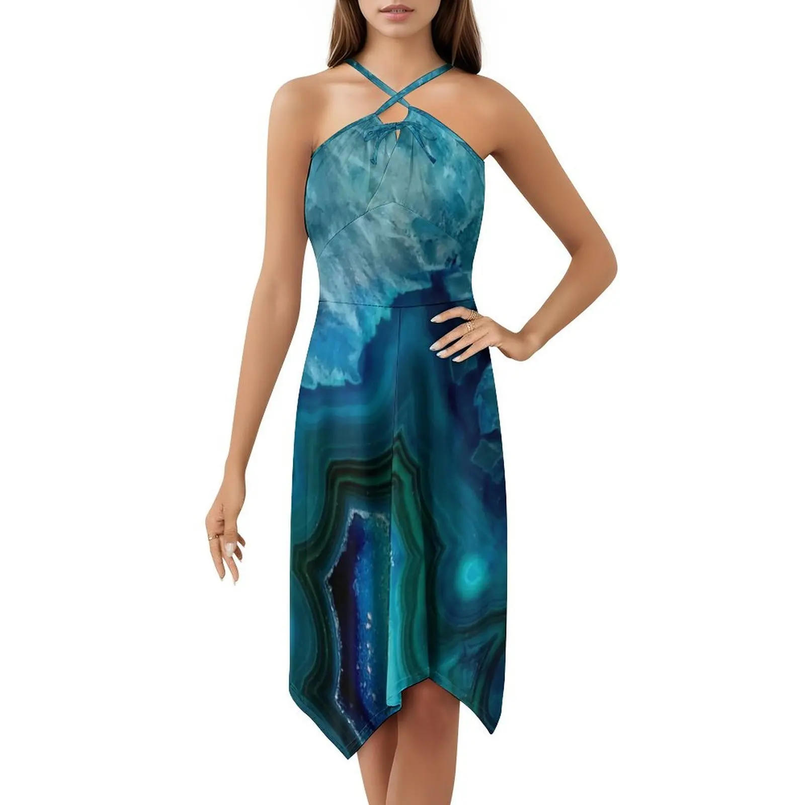 Teal Blue Agate Sweetheart Neckline Dress Elegant Summer Party Dress For Women Agate Blue Teal Diamond Gem Stone Women's Dress