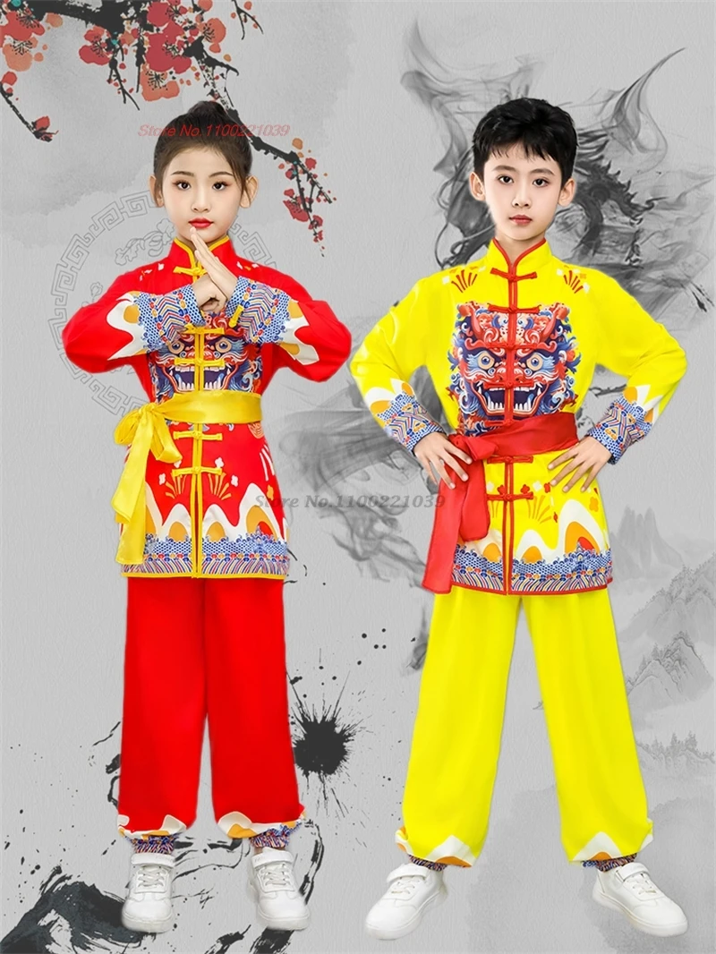 2024 chinese children kungfu shaolin set taichi wushu kung fu martial arts dragon print sports training exercise competition set