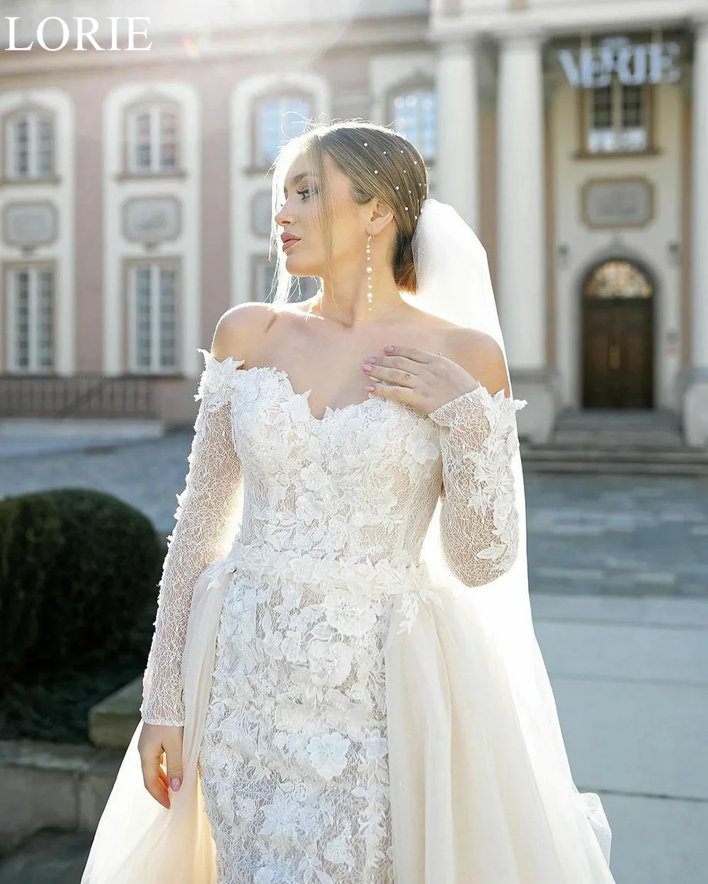 LORIE Sweetheart Sirena Abiti da sposa BOHO Lusso Pieghettato Applicazioni in pizzo Treno staccabile Maniche lunghe Abito da sposa Personalizzato