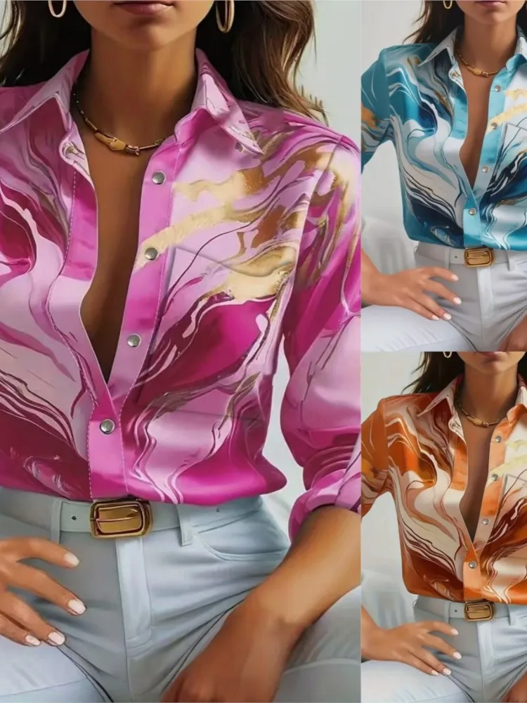 ผู้หญิงฤดูใบไม้ผลิฤดูร้อนใหม่แฟชั่นพิมพ์สบายๆหลวมแขนยาวพร้อมกระเป๋าเสื้อกระดุมแถวเดียว