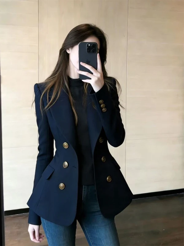 Elegant Dark Blue Double-Breasted Suit Spring 2026 Commute Style Women's Jacket Standard Fit Long Sleeve Full Lined Breathable