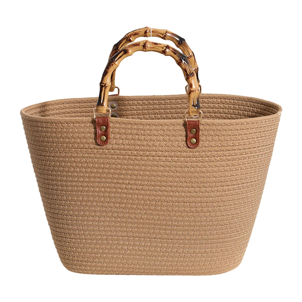 Cotton Woven Handbags Bamboo Handle Ladies Woven Tote Large Capacity Striped Portable Casual Fashion Exquisite for Seaside Party