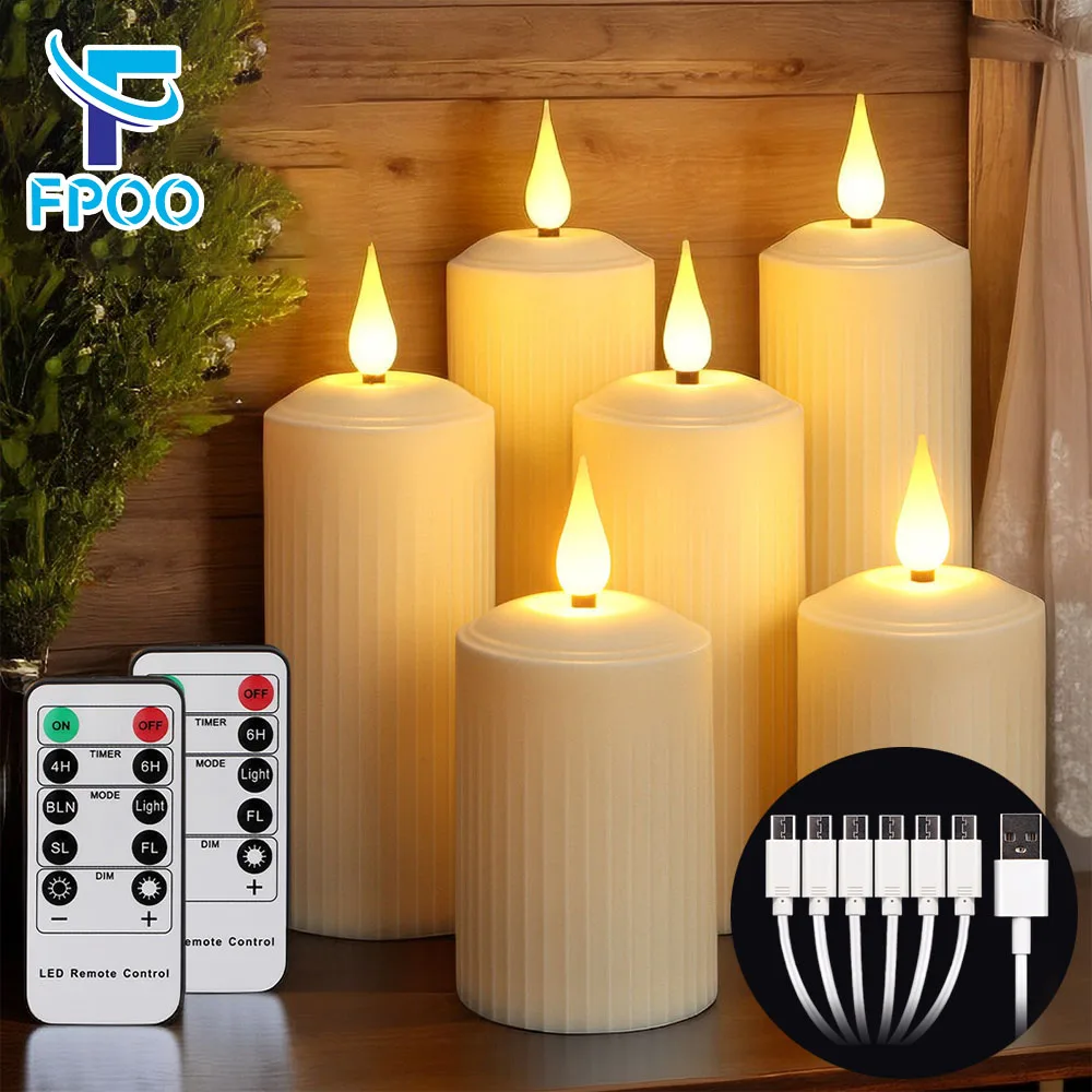 FPOO Rechargeable Led Candle By usb Remote Waterproof Pillar Candles for Wedding Camping Electric Flickering Flame Candle Light