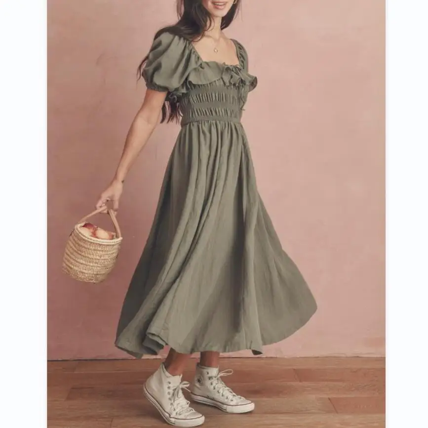 

Vintage clothes dress elegant midi dresses short sleeve square neck dress puff sleeve shirred dresses for women 2022 Summer