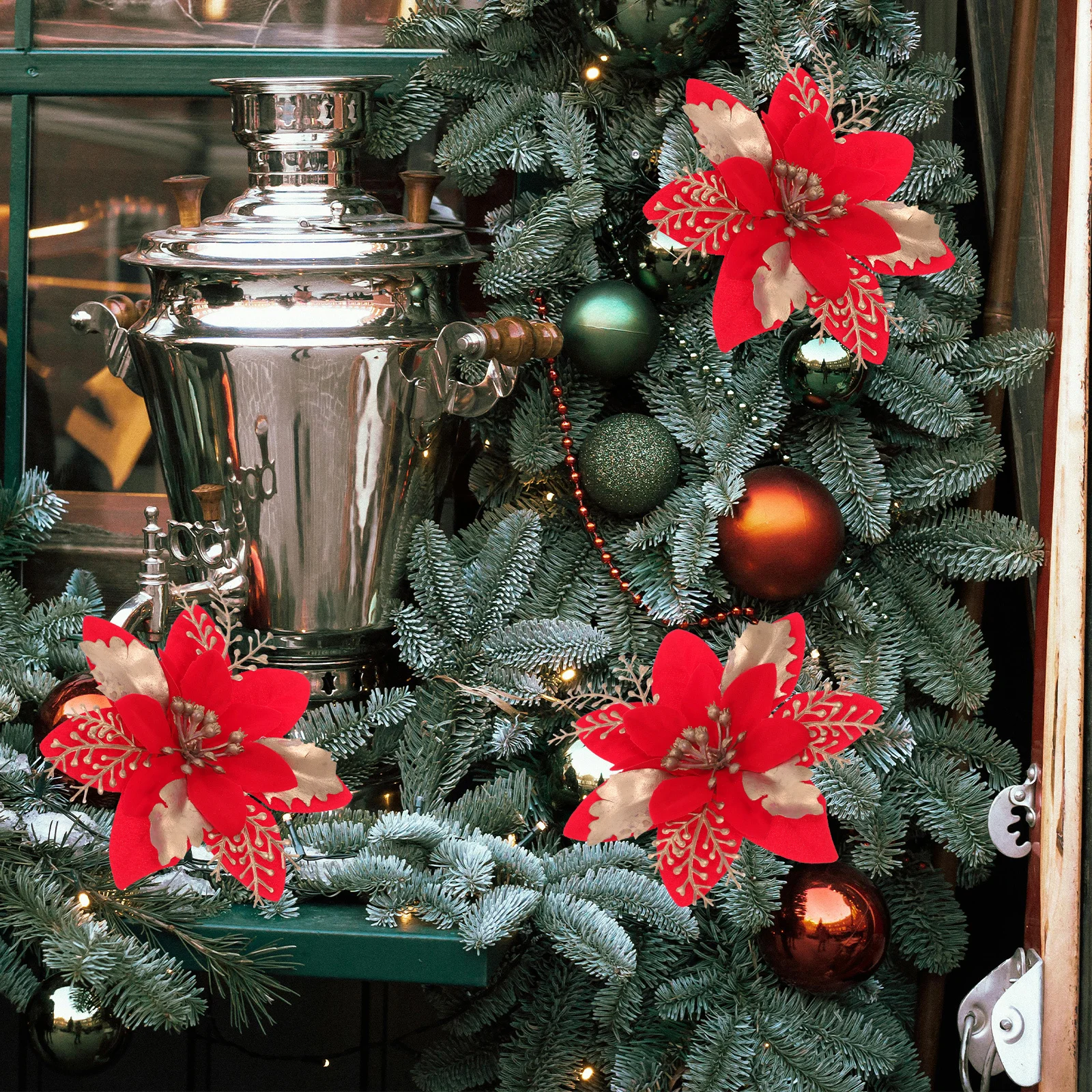 

6Pcs Christmas Flower Decorations Realistic Artificial Poinsettia Clip Cloth Brooch Holiday Wreath Ornaments Xmas Tree Decor