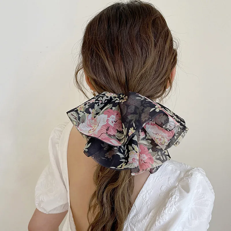 High-end fresh girls oversized floral hair ring layered chiffon satin hair rope leather cover female head rope hair accessories