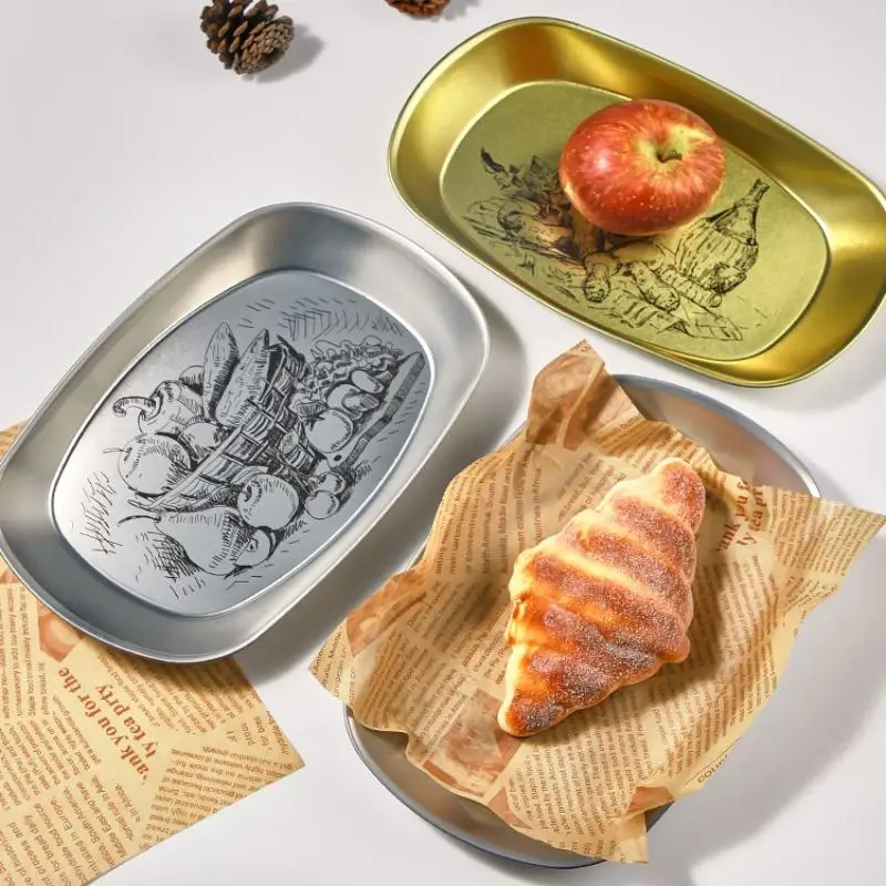 Retro Storage Tray Round Tinplate Desktop Disc Fruit Snack Pastry Plate Dessert Candy Dish Household Kitchen Food Storage Tools