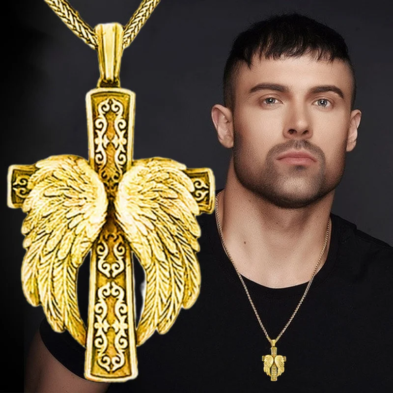 Fashion Cross Necklace Religious Belief Jesus Cross Angel Wings Pendant Hip Hop Necklaces for Men Cross Jewelry Anniversary Gift