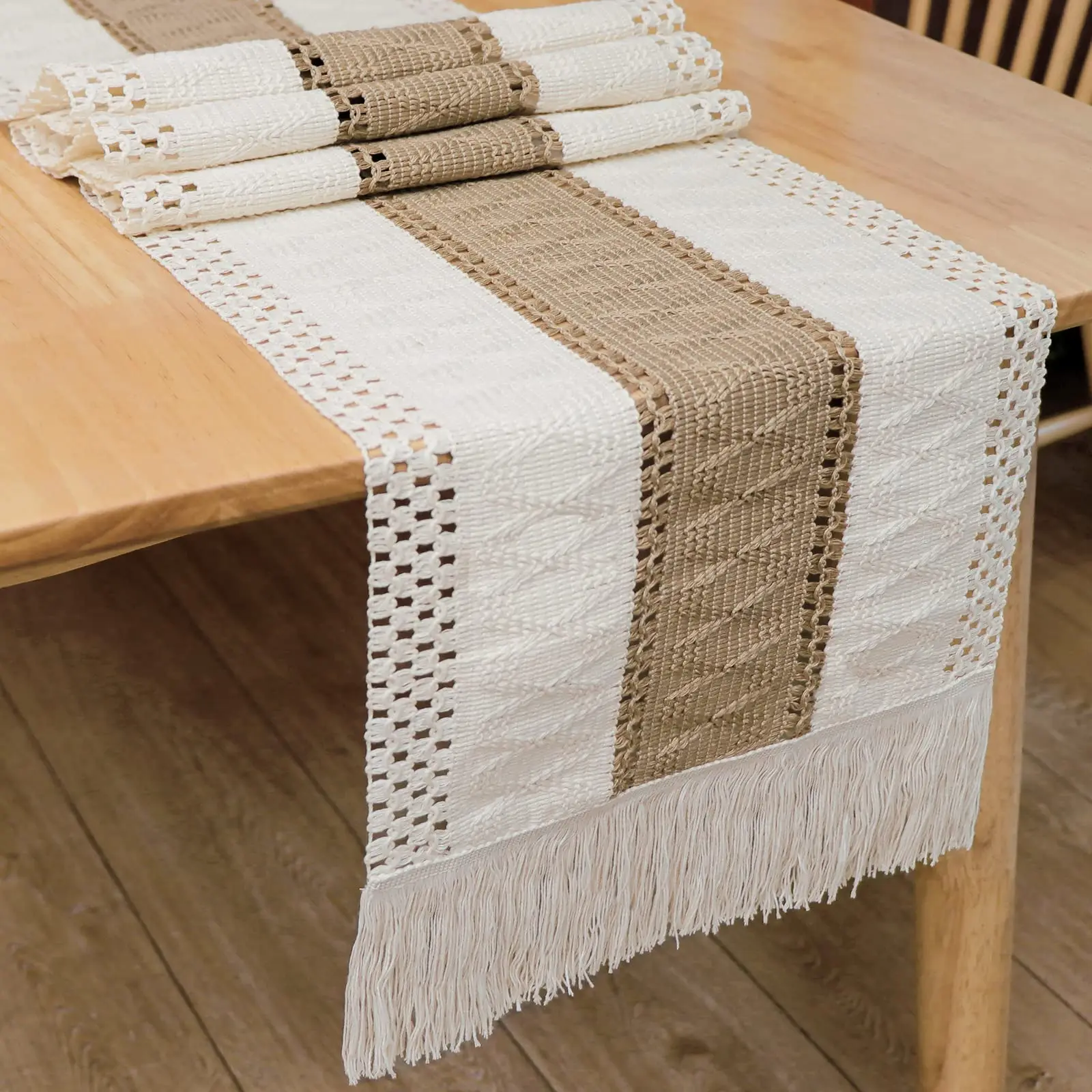 Boho Table Runner 12x72 Inches with Tassels, Cream Brown Rustic Macrame Farmhouse Table Runner, Machine Washable Woven Burlap Style Bohemian Table Centerpiece for Dining Kitchen, Wedding Bridal Shower, Thanksgiving Christmas Home Decor