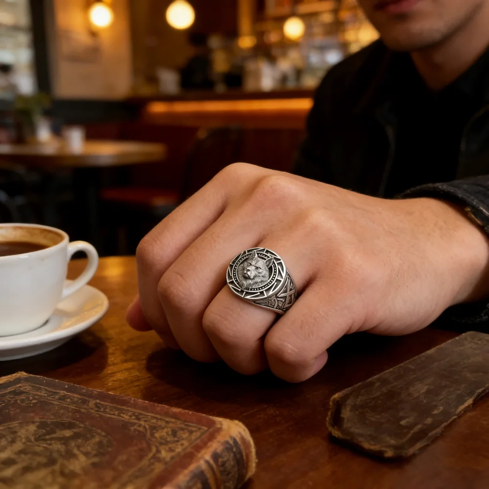 Men's 925 Sterling Silver Retro Wolf Totem Ring, Warrior Design