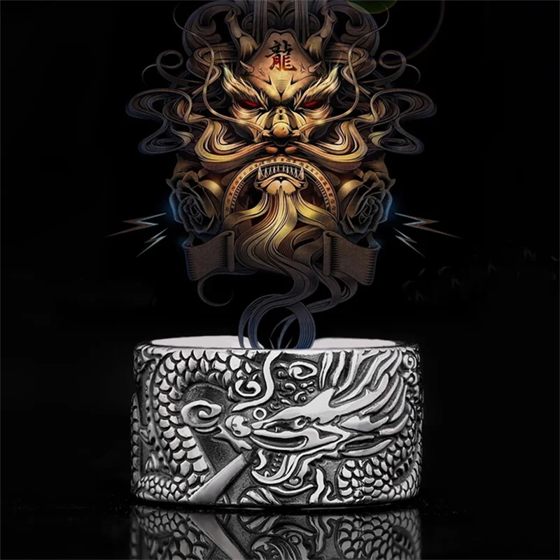 Anillo con patrón de dragón Sutra de corazón budista Retro, joyería para hombres, personalidad de moda, accesorios para dedos masculinos, anillo de tamaño abierto