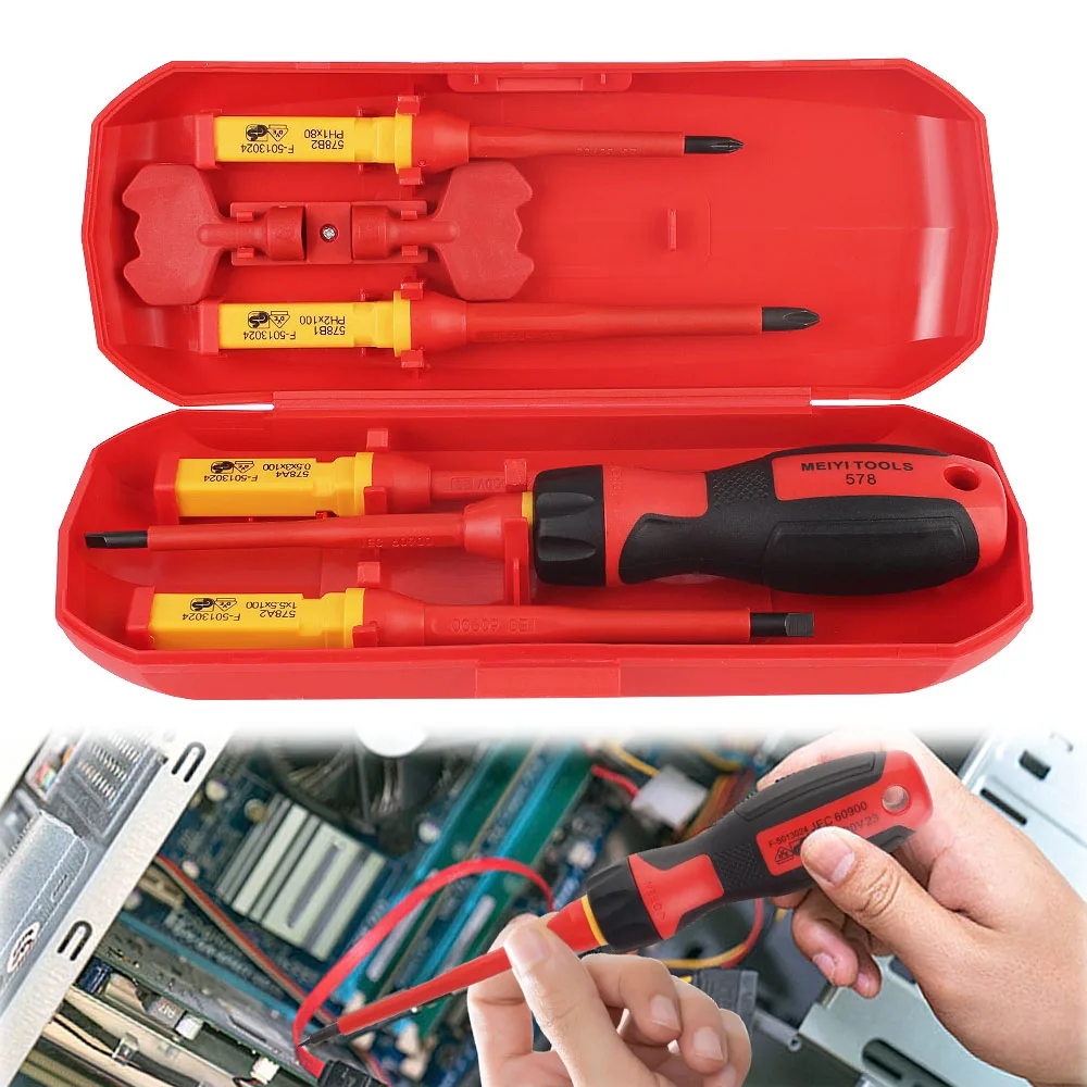 

With Case Magnetic 1000V Convenient Portable 7Pcs/Set Electrician Tools Plum Blossom Head Slotted Head Insulated Screwdriver Set