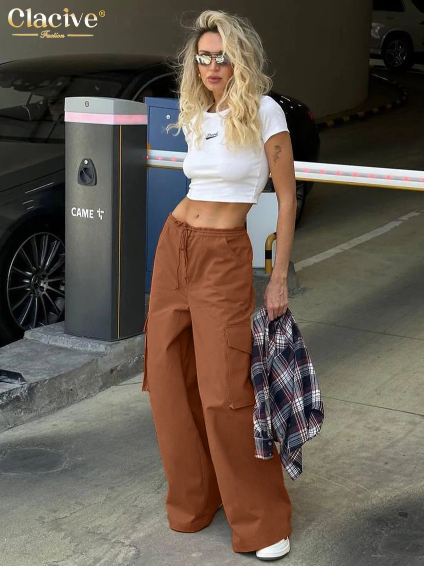 

Clacive Casual Loose Orange Women's Pants 2025 Fashion Mid Waist Wide Pants Elegant Classic Full Length Cargo Trousers Female