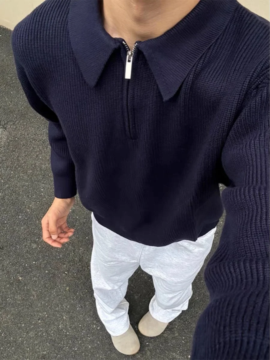 سترة رجالية محبوكة بنمط أمريكي شبه سحابي، ملابس تريكو بياقة بولو غير رسمية عتيقة للخريف والشتاء، لون أزرق غامق