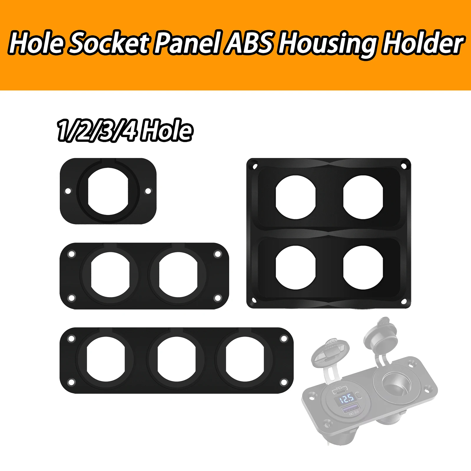 

1-4 Hole Socket ABS Housing Holder Cigarette Lighter Rocker Switch Panel Black USB Mount Durable Panel for Car Boat Truck RV