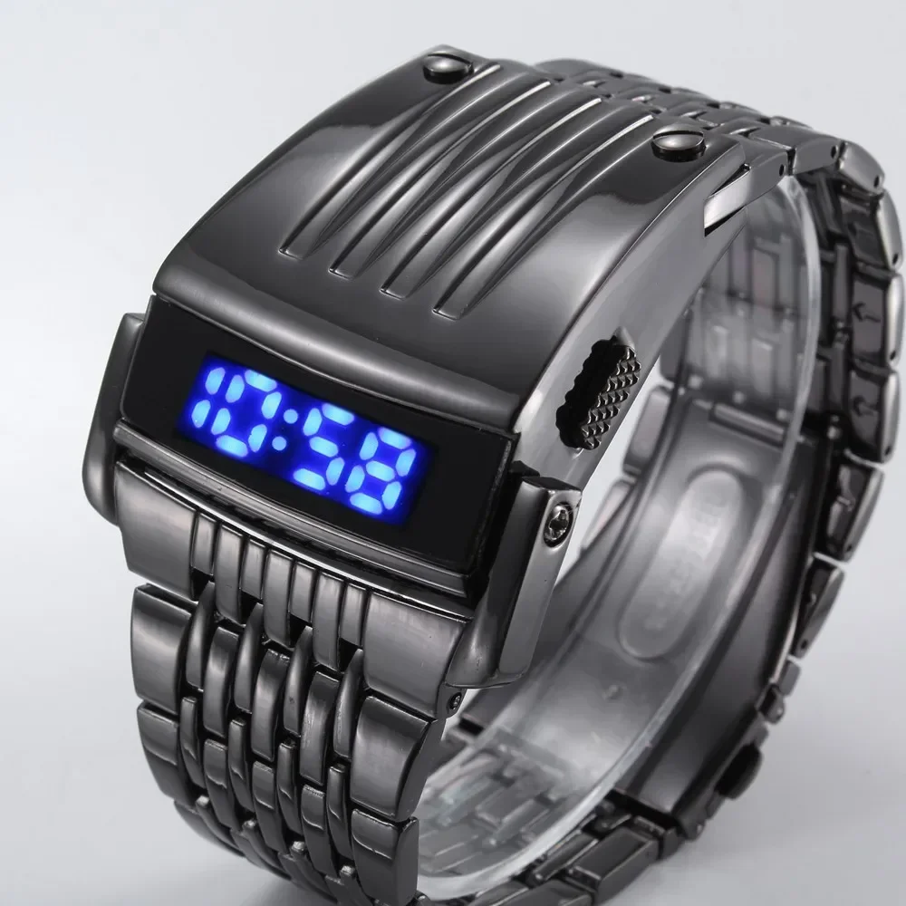 Fashion Electronic Watch Blue LED Display Wide Stainless Steel Band Men Digital Wrist Watch Gift