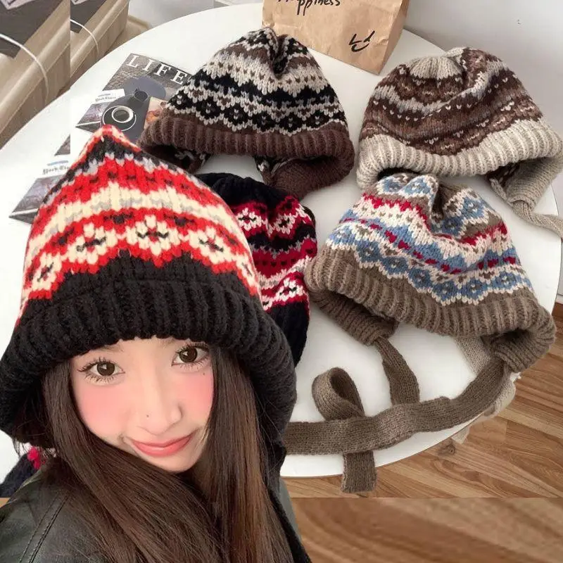 

Winter Retro Striped Spliced Pullover Hats Ethnic Women's Winter Knitted Woolen Hat Thickened Warm Ear Protection Beanies Caps