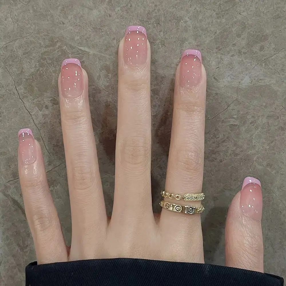 

24Pcs Simple Ballerina False Nails with Jelly Glue Pink French Short Square False Nails Set Detachable Acrylic Fashion Nail Tips