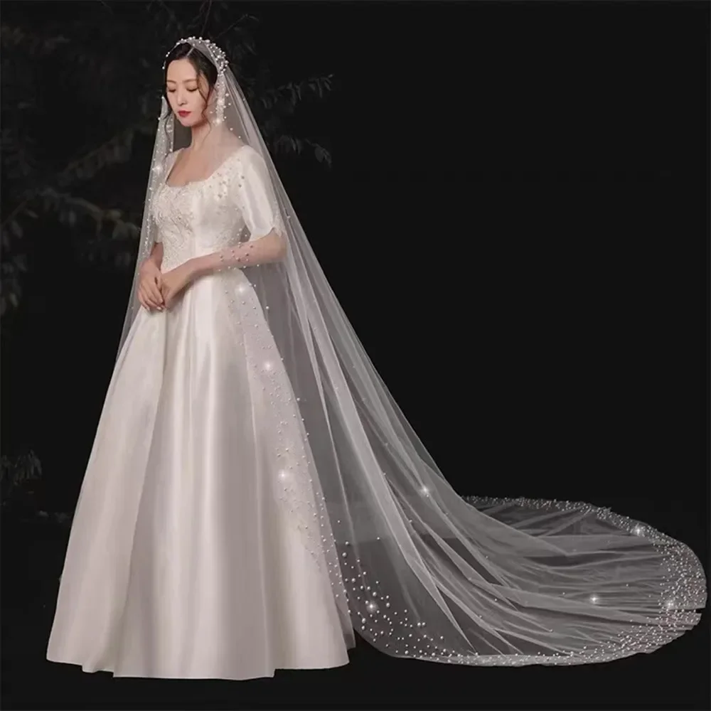 

Long Bridal Veil 1 Layer Wedding Cathedral Veil With Pearls Beaded Edge Velos de Noiva Mantilla with Comb Ivory Champagne 300cm