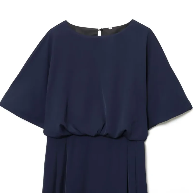 Fallen Shoulder Sleeves Pleated Midi Dress Women Autumn Casual Fashion Office Lady Slimming  Rear Fork Solid Dress