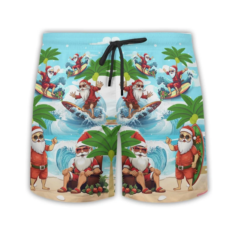 Hawaiian Santa Claus Beach Shorts Funny Design Men Short Pants For MenChristmas Kids Gift Trunks Tropical Xmas Aloha Bermudas