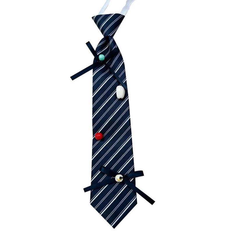 Q39C Blue White Patterned Kids Tie Ready-Knot School Neckwear with Ornament Ribbon Trim and 30 Child-Sized Polyester Design
