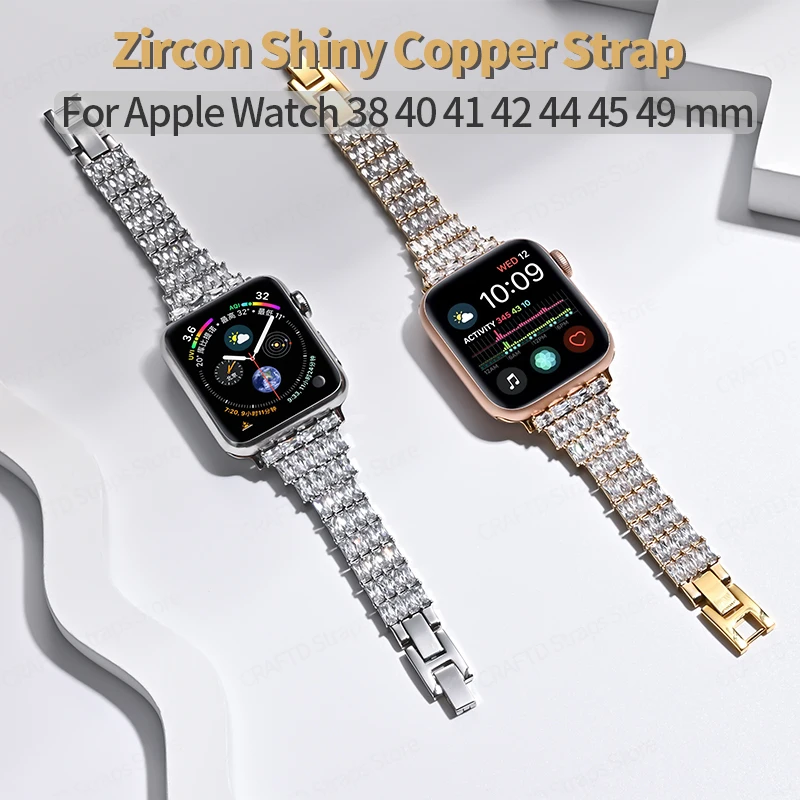 Bling Diamond Strap for Apple Watch Band 40mm 42 45 38 44 Real Zircon Copper Bracelet for IWatch Series 7 6 5 4 3 SE Accessories