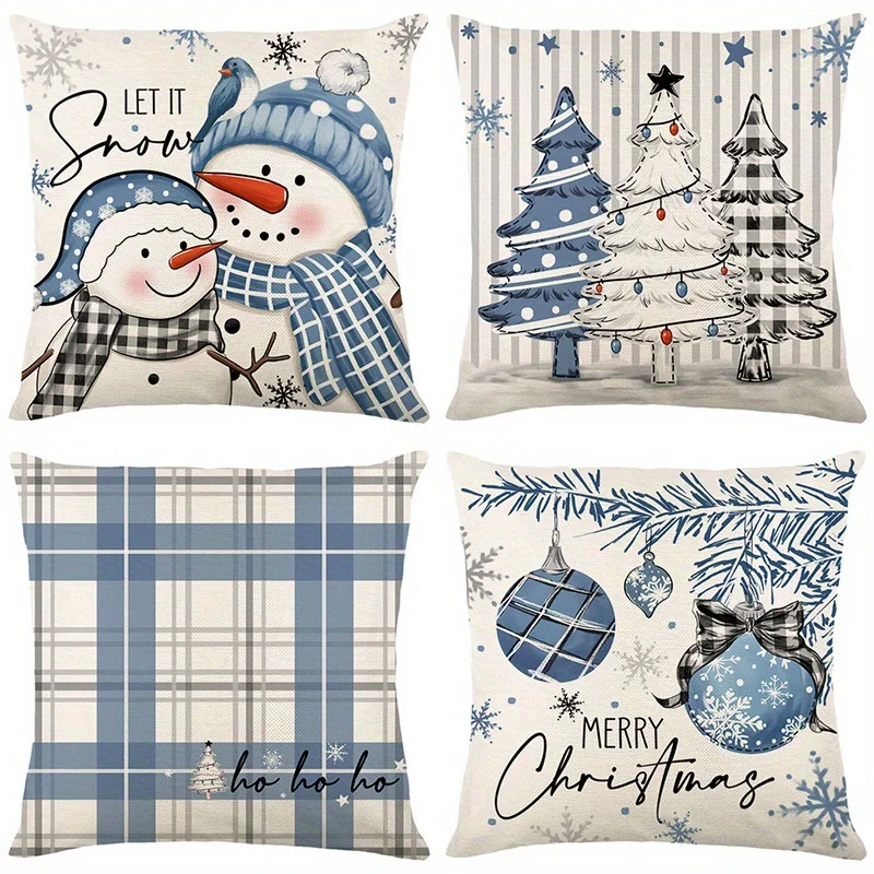 4Pcs Double‑Sided Winter Pillow Covers, Snowman Christmas Tree Bell Print Zipper Cushion Cases, Machine Washable for Living Room