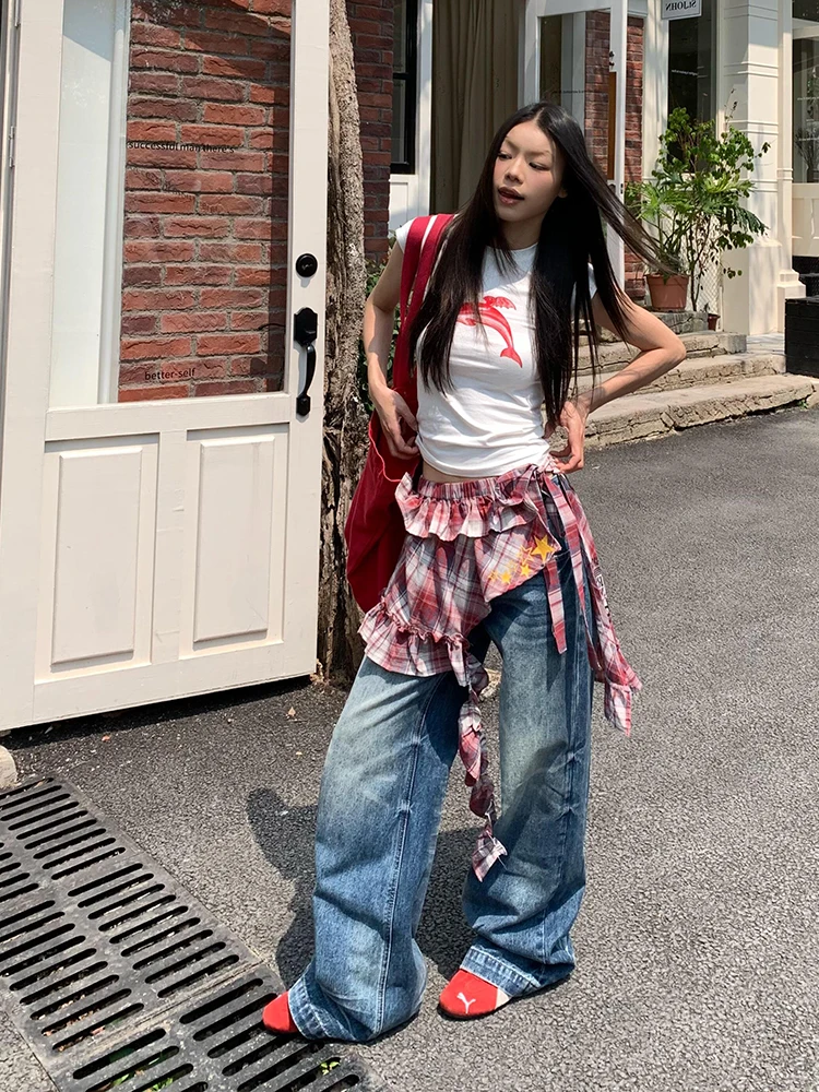 ReddaChic Punk Plaid Ster Vrouwen Coverups voor Jeans Verpakt Tiered Ruffle Mini Rok Zomer Festival Concert Retro Y2k Kleding