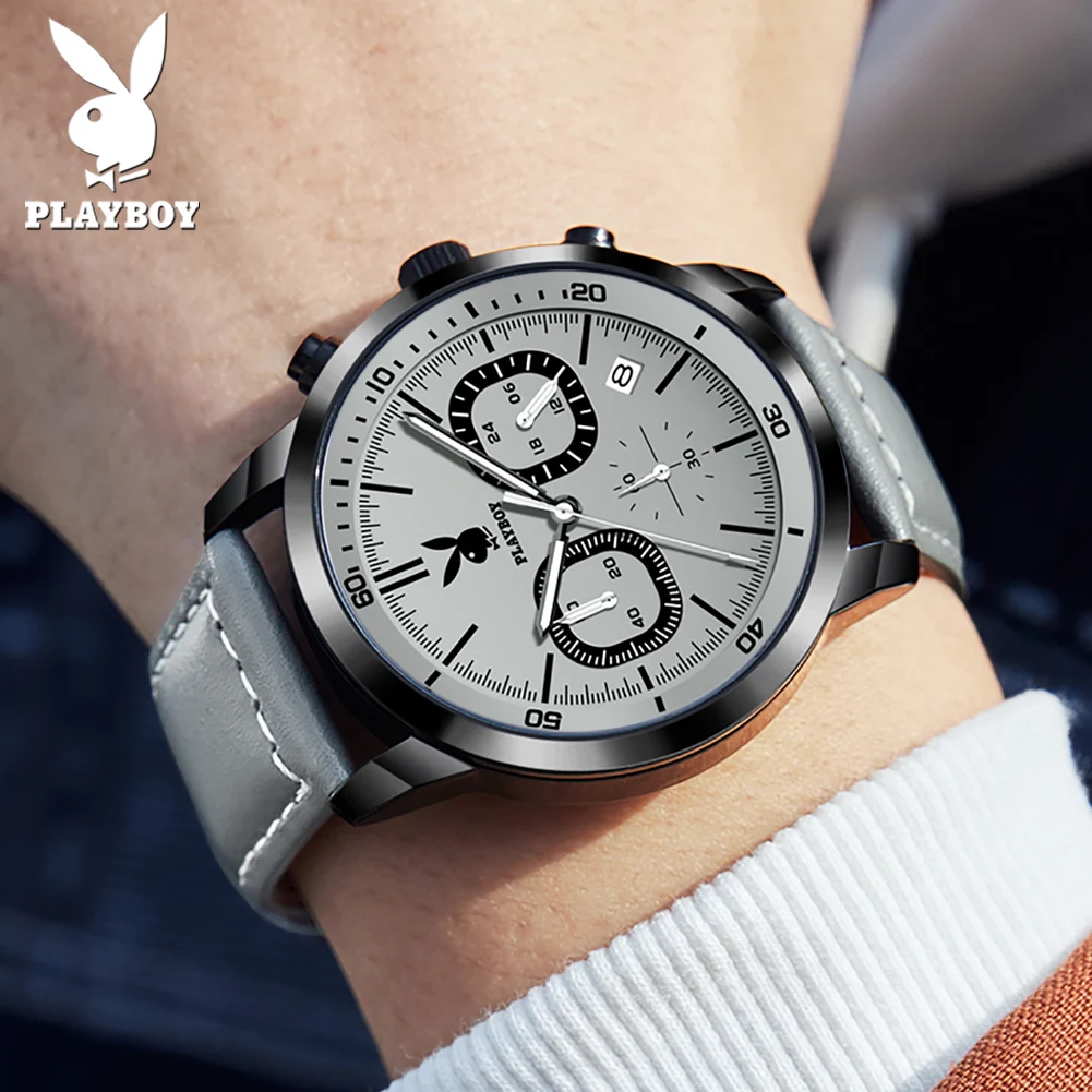 PLAYBOY Original Fashion Quartz Watch for Men Waterproof Multifunction Men's Wrist Watches High Quality Leather Strap Watch Men