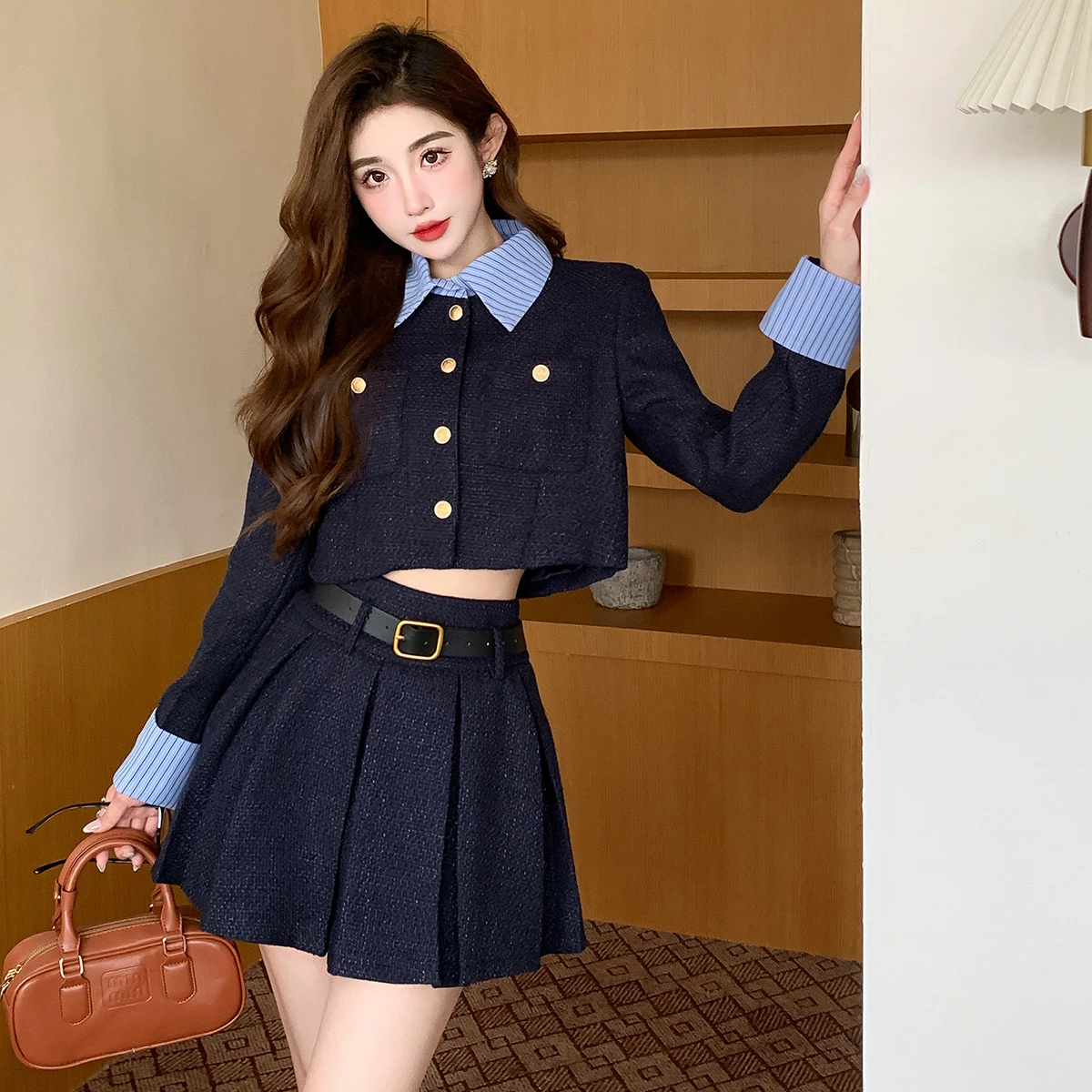 Women\'s 2023 Autumn and Winter New French Style Suit Jacket Skirt Set Casual Fashion Short  Top Pleated  Two-piece