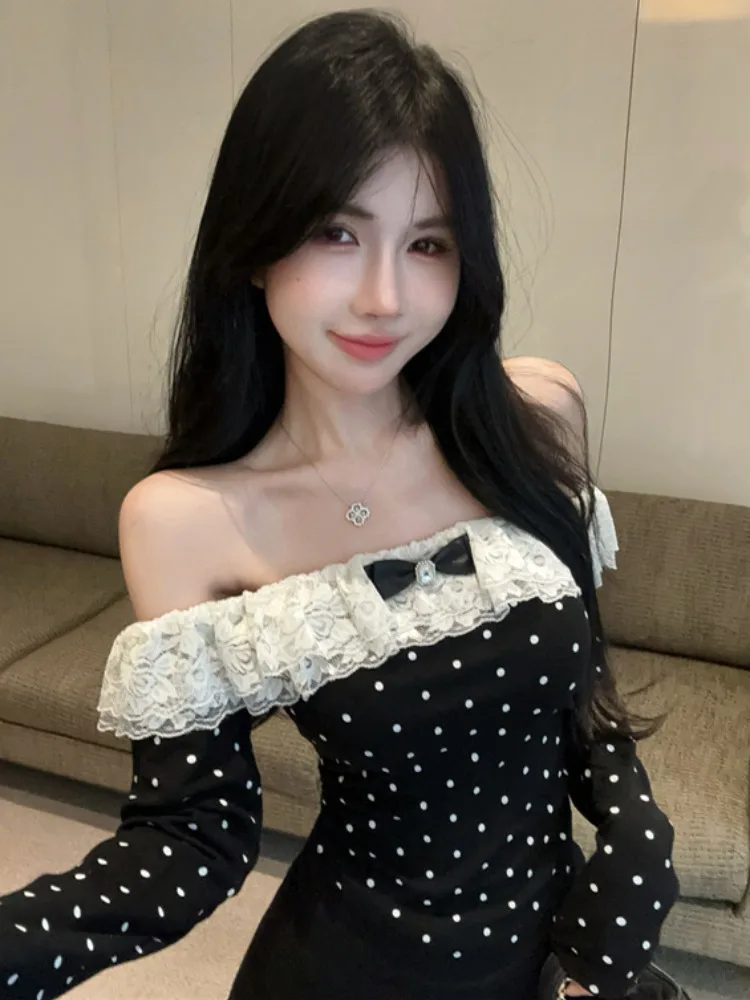 

Ruffle Shoulder Long Sleeve T-Shirt Women's Autumn Winter Pure Desire Spicy Girl Bare Shoulder Top Lace Base Shirt Inner Wear