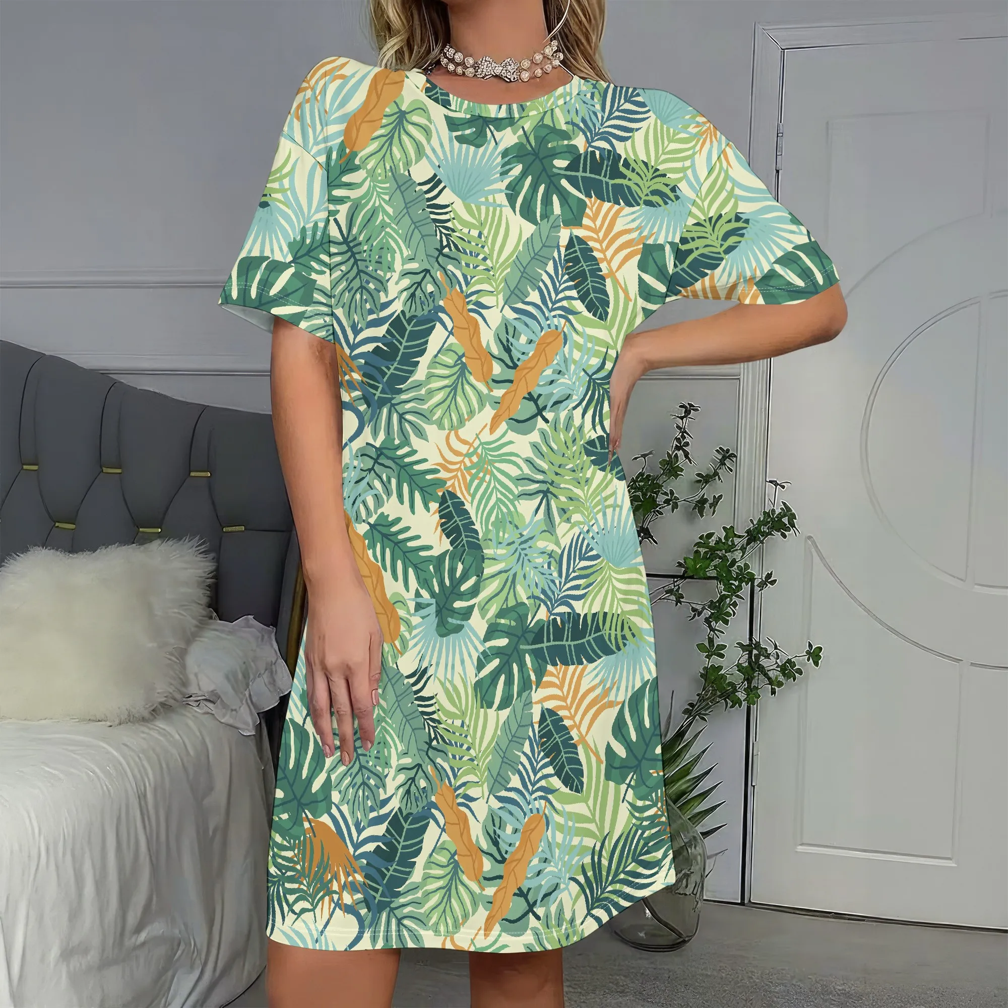 

Tropical Leaf Print Short Sleeve Dress, Boho Floral Tunic Dress, Casual Summer Beach Wear, S-2XL