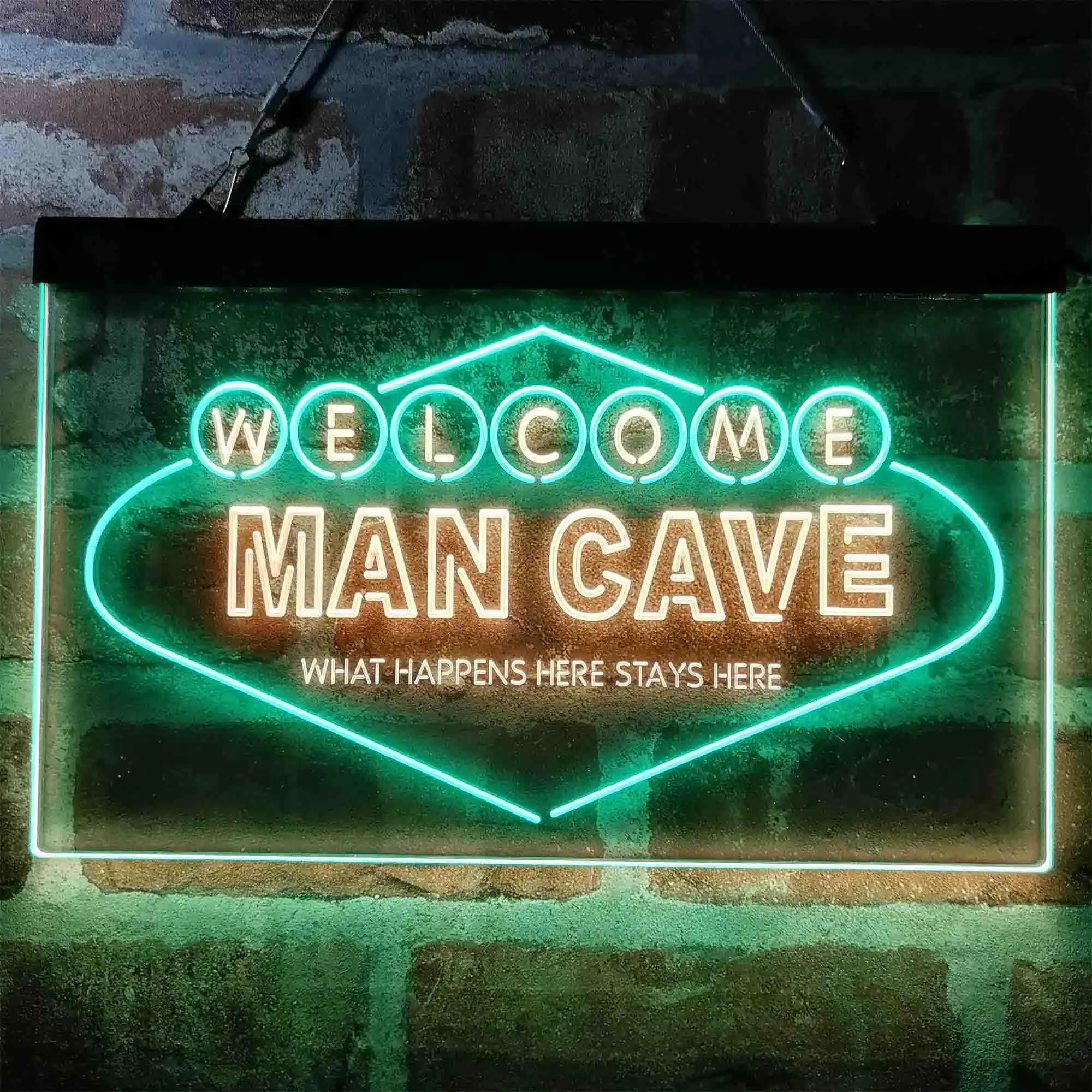 Man Cave. Welcome. What Happens Here Stays Here Dual Color Led Neon Sign st6-i3976