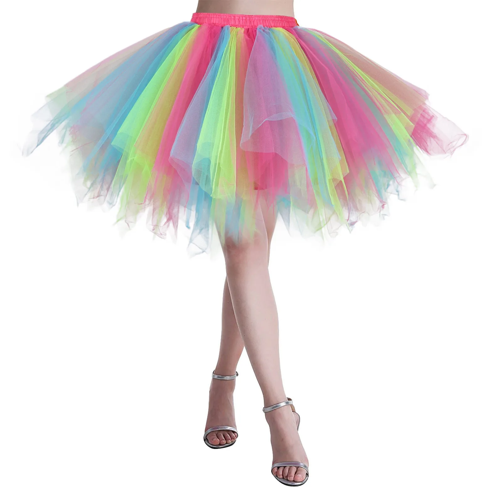 สั้นMulticolorผู้หญิงLolita Petticoat Tutu Puffy CancanกระโปรงGradient Rampภายใต้Crinolineด้านในคึกคักคอสเพลย์สําหรับงานแต่งงาน