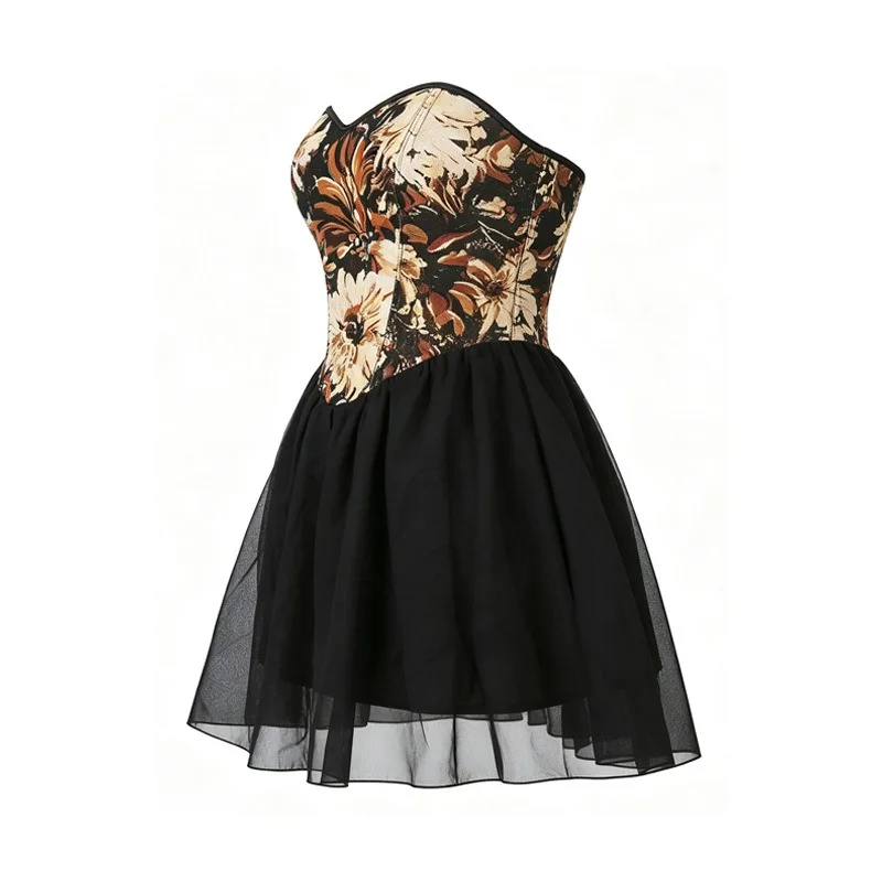 Gothic Retro Floral Jacquard Corset Dress Women Strapless Lace‑Up Back Black Chiffon Swing Short Party Dress
