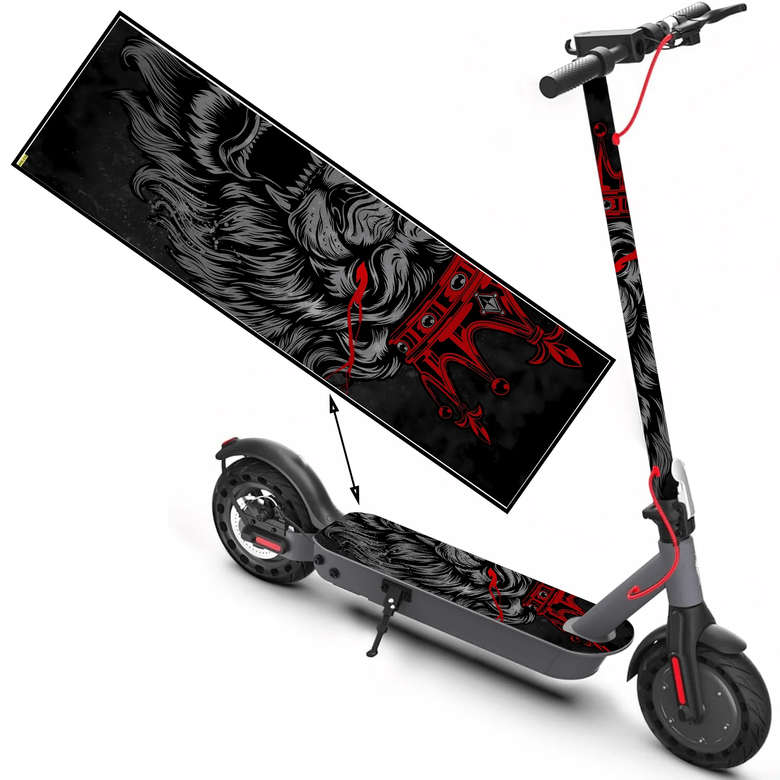 Pegatina para scooter con estampado de león negro de ojos brillantes y corona roja, pegatina para monopatín, pegatina para alfombrilla de scooter, personalizada